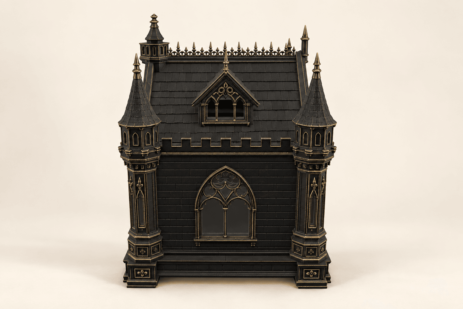AI-assisted design visualization of the black and gold Gothic Castle Pet House on an ivory studio background